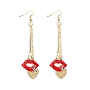 Gold-Tone Red Lip & Heart Drop Earrings